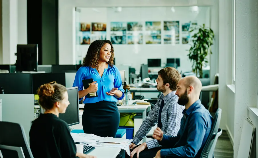 businesswoman leading meeting